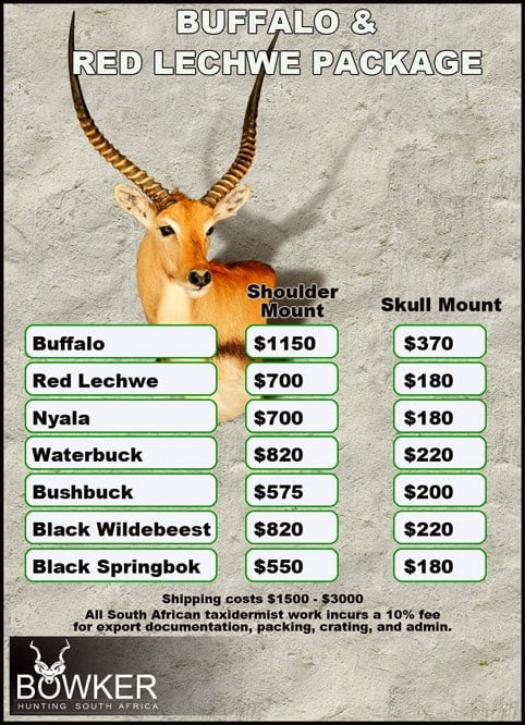Taxidermy cost for Cape Buffalo and Red Lechwe package.