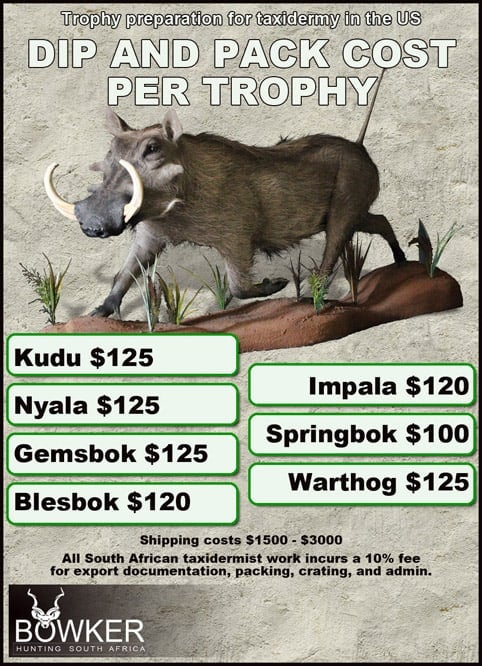Dip and pack cost per trophy for the Kudu, Nyala, and Gemsbok package.