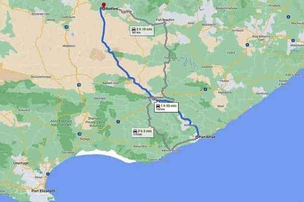 Route from Bedford from landing in Port Elizabeth to Bedford.