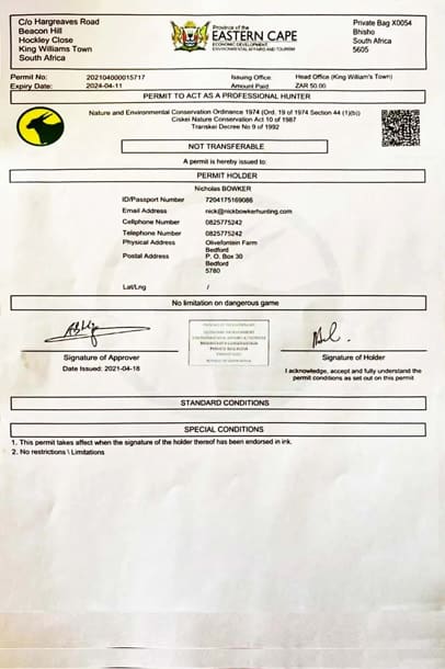 Outfitter and Guide License - 4 Nick Bowker dangerous game and Plains hunting guide permit.