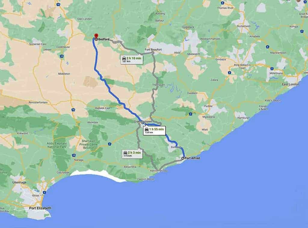 Map of route from Port Alfred to Bedford